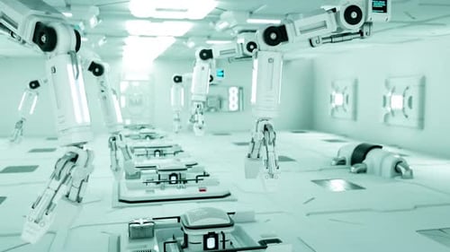 Generic white mechanical robotic arms working in a factory