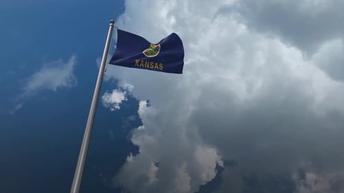 Realistic 3D Kansas State Flag Waving Against Cloudy Sky