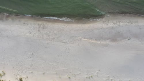 AERIAL: Descending Top View Shot of Sandy Beach with Seashore and Baltic Sea Seaside