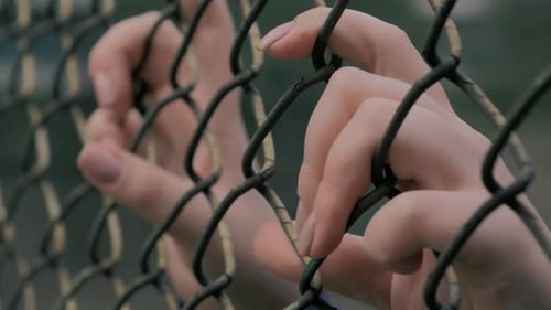 Closeup View of Young Woman's Hands Grabing Metal Mesh at Fenced Area