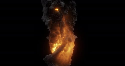 Feuerballtornado, helle Explosion mit schwarzen Wolken, Rauch.