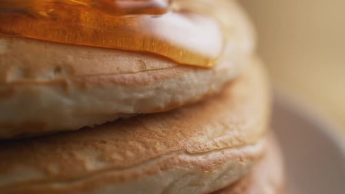 Pancakes with Syrup Close Up Macro Shot