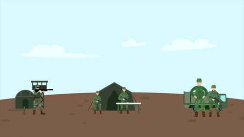 Animated Flat Design Military Camp with Soldiers