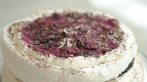 Close Up with Selective Focus on Fresh and Delicious Meringue Cake on a Plate