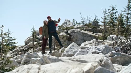 Couple Hiking Together on a Mountain on Sunny Day