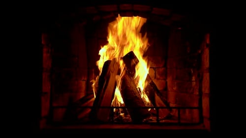 Burning Wood in Cozy Brick Fireplace