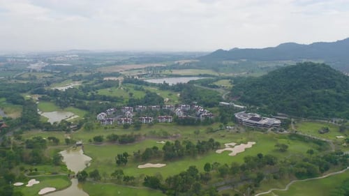 Aerial view of Golf Course Club and hotel resort. Green natural garden park