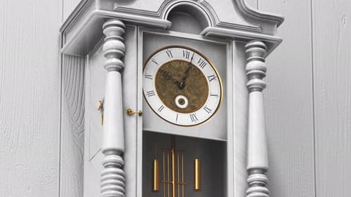 Beautiful white wooden luxurious vintage clock hanging on a bright wall. 4KHD