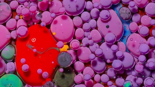 Top View Movement of Purple Oil Ink Drops Bubbles Multicolored Artistic Paint Surface Background