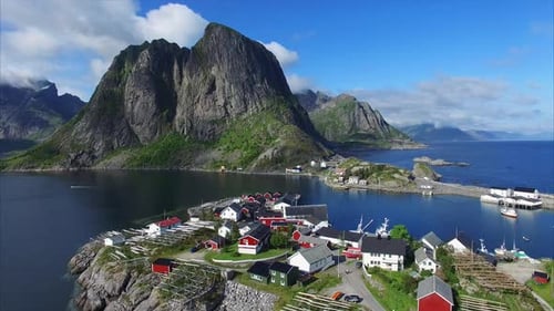 Village on Lofoten islands in Norway from air.