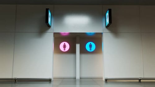 Public toilets at the airport terminal or other station. Woman. Man. WC. 4k HD