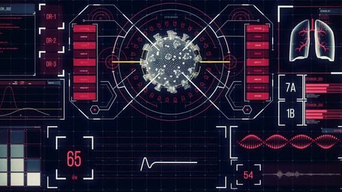 Animation der auf einem Bildschirm analysierten Makro-Coronavirus-Covid-19-Zelle mit medizinischen Informationen