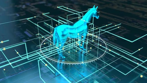 Abstrakte Kunst des Blockchain-Konzepts mit einem Pferd