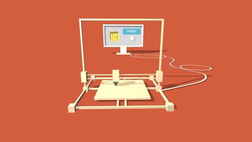 Simple Animation of Printing a child block with a 3D Printer. Red Background.