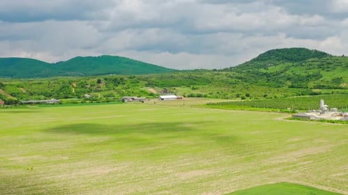 Aerial View on Cultivating Field and Farm