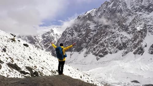 Young Hiker On Mountain Peak At Sunset Successful Pose Outstretched Arms Business Life Achievement