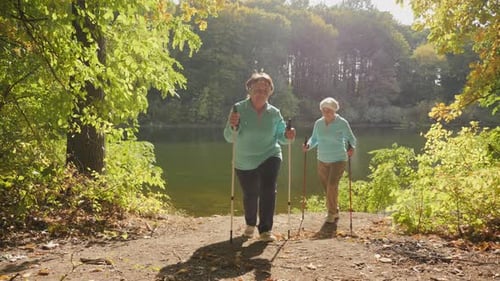 Senior Women Nordic Walking Outdoors in Nature