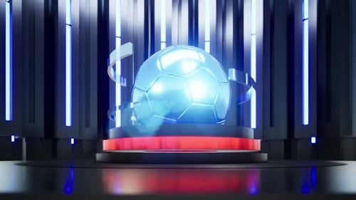 Futuristic 3D Soccer Ball Rotating in a High-Tech Display Environment