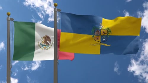 Mexican Flag and Quintana Roo Flag Waving Together Against Blue Sky