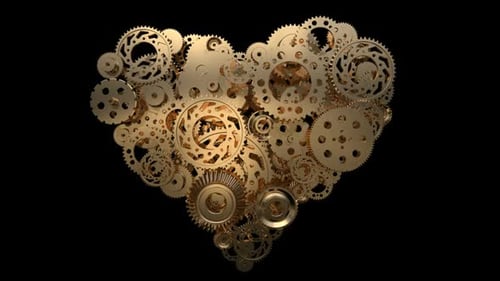 Golden Mechanical Heart of Interlocking Gears with Alpha Channel