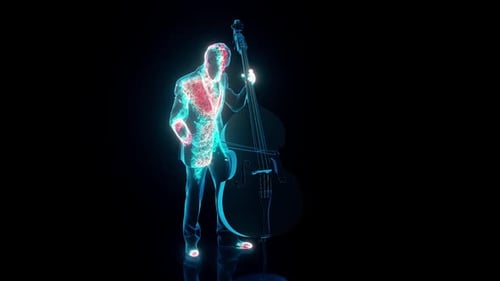 Glowing Futuristic Musician Playing Double Bass Hologram