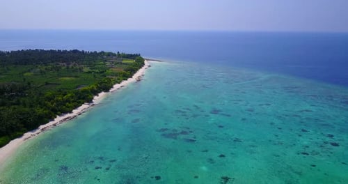 Beautiful fly over copy space shot of a white paradise beach and aqua blue ocean background in 4K