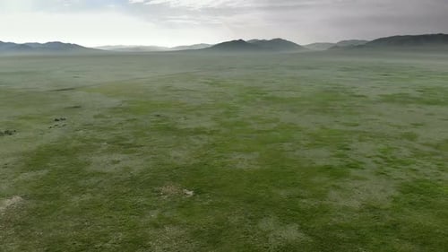 Expansive Green Plain with Distant Mountains Aerial View