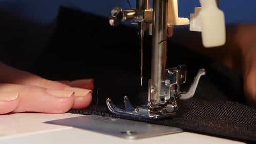 Sewing Machine Stitching Black Fabric Close Up