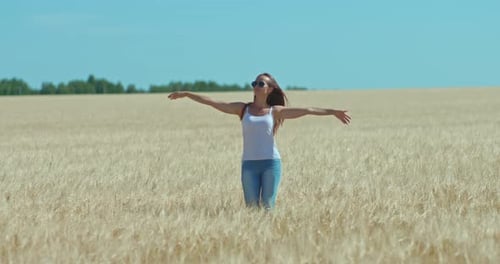 Boa mulher está curtindo a vida andando em um campo de trigo