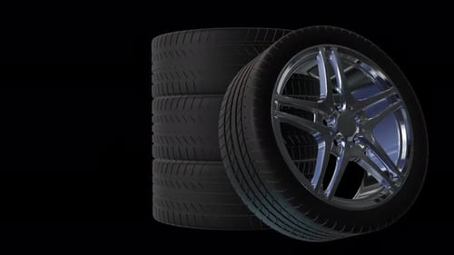 4 Autoräder auf schwarzem Hintergrund Autokonzept-Animation mit Rädern