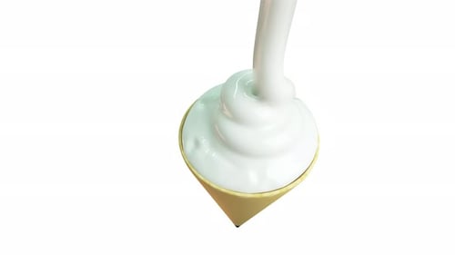 Schlagsahne einschenken. Weiße Vanillecreme auf einer Eiswaffel. 3D-Animation