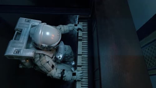 Astronaut Playing Grand Piano in Space Station Orbiting Earth