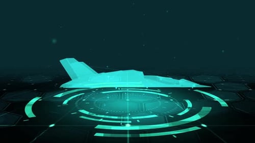 Futuristic Holographic Fighter Jet Rotating on Digital HUD Display