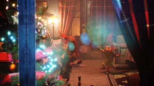 Whimsical Christmas Elves Dancing Around a Cozy Festive Tree