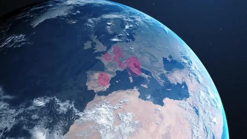 Animation des Planeten Erde, der sich dreht und Länder, die durch Kreise rot werden