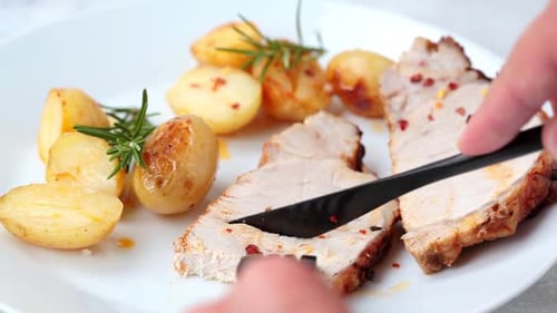 Slicing Seasoned Meat with Potatoes on Plate