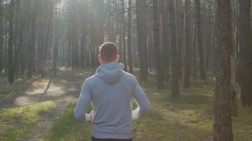 Young Adult Running Through Forest on Sunny Day