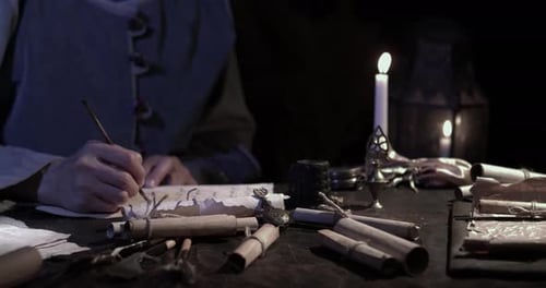 Writer Working With Quill and Scrolls by Candlelight
