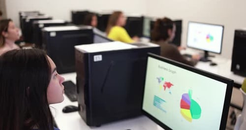 Young students learnig inside computer classroom at school