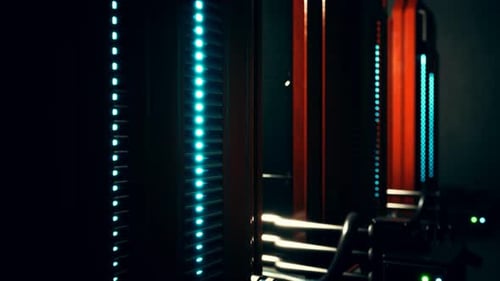 Futuristic Data Server Racks with Glowing Digital Lights