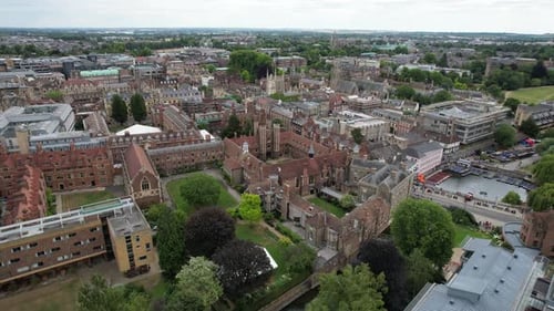 Queens college Cambridge City centre England drone aerial view