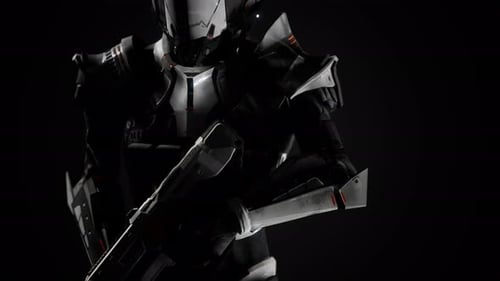 Soldat futuriste en armure d'acier avec le pistolet Cyber Punk