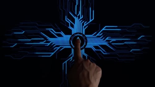 Finger Pushes Touch Ethereum Digital Currency With Futuristic Artificial Intelligence Spreading