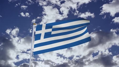 Greek Flag Waving Animation on Cloudy Sky