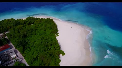 Aerial drone view panorama of idyllic bay beach vacation by turquoise ocean and white sandy backgrou
