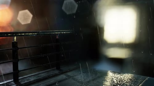 Realistic Heavy Rain at Night with Urban Balcony and Blurry Lights