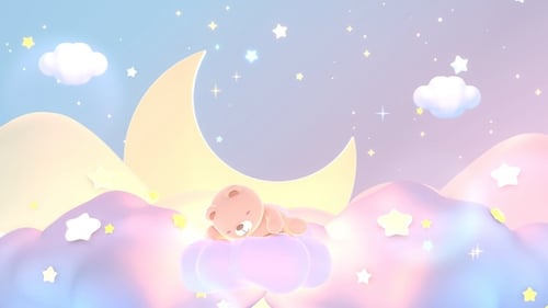 Sleeping Teddy Bear on Dreamy Pastel Clouds with Moon and Stars