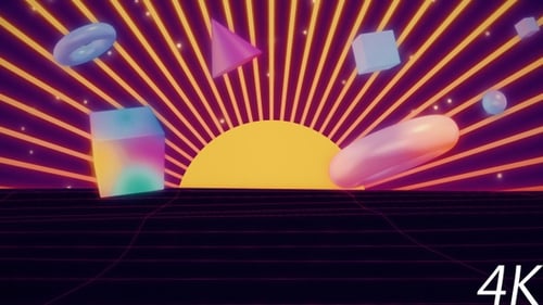 Retro Synthwave Grid with Neon Geometric Shapes Animation