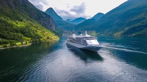 Cruise Liners On Geiranger Fjord, Norway
