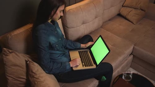 Smiling Woman Looking on Laptop Green Screen Chromakey Watching Content or Movie Browsing Internet